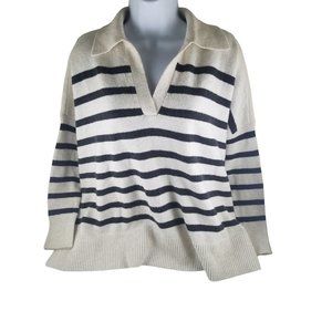 The Loft Womens V Neck Sweater White Gray Stripes Cotton Blend XXS Slub Loose